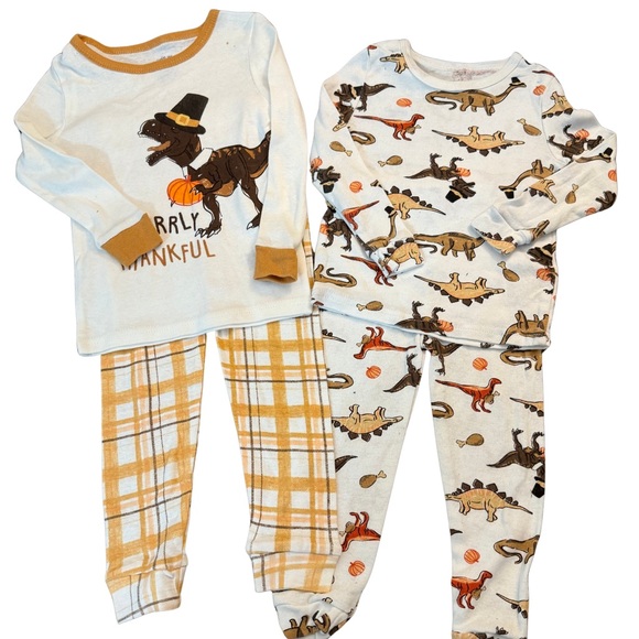 cutie pie Other - 2 Pair Thanksgiving Fall Dinosaur Print Kids Pajamas Set - White and Brown
